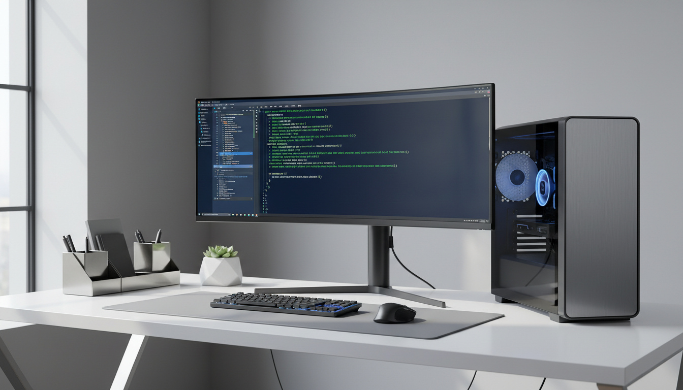 A sleek, high-end workstation featuring a modern black and silver desktop computer with a minimalist, cable-managed design, and a large ultra-wide monitor displaying a clean code editor interface. The workstation rests on a smooth, matte-finished white desk accented by geometric metallic desk organizers and a neutral grey office wall in the background. Daylight gently pours in from a nearby window, creating defined yet soft highlights on surfaces and subtle shadows beneath the desk accessories. The overall tone is calm, focused, and professional. Captured from an eye-level angle with a crisp focus throughout, the image showcases a tidy, structured, and corporate environment. The photographic realism and balanced composition reflect the sophisticated ethos of a web development business.