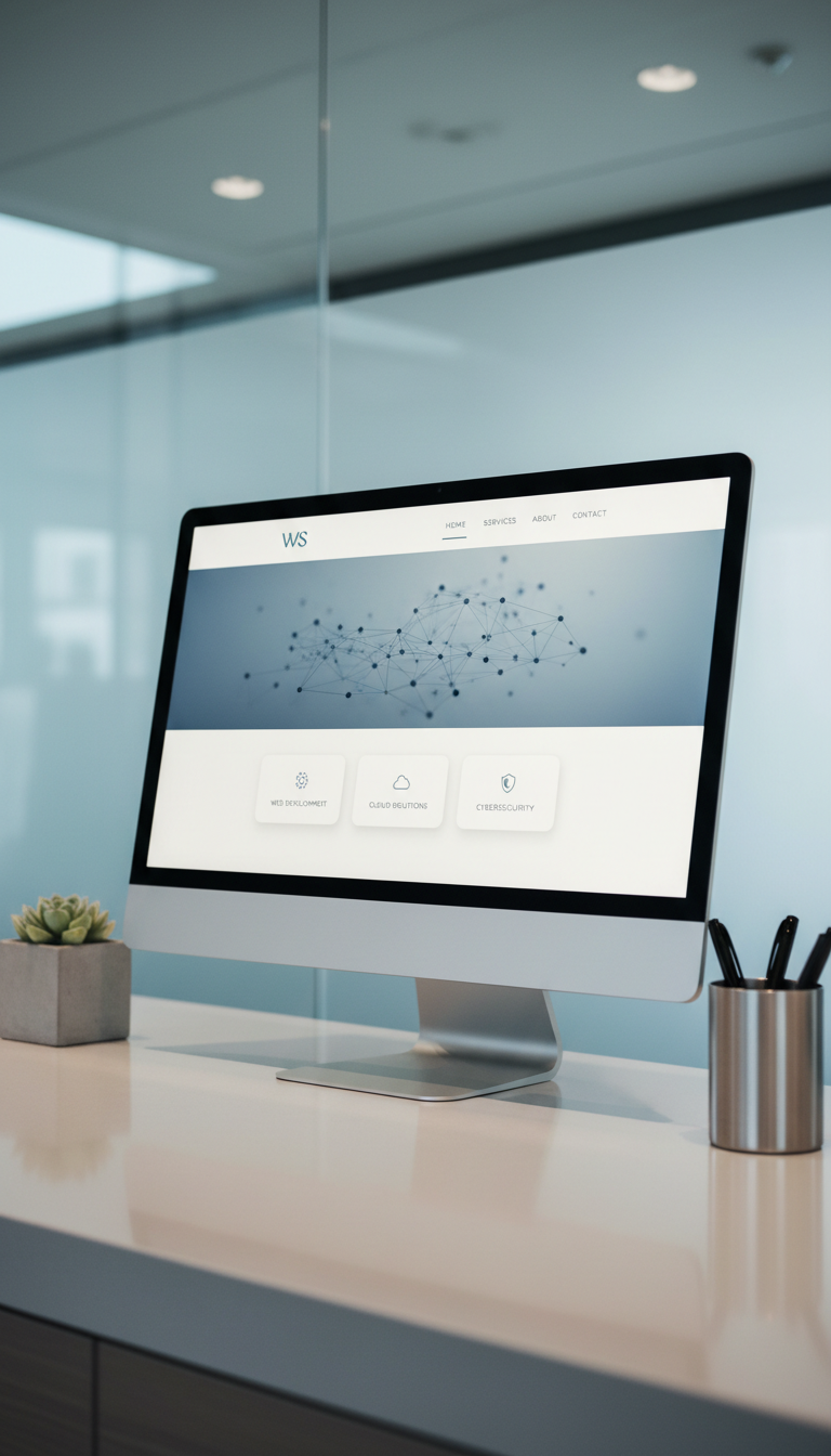 A close-up of a meticulously designed website homepage displayed on a thin-bezel, high-resolution monitor situated on a glossy, light-grey counter. The homepage features modern web design elements: a balanced layout with clear navigation bars, subtle drop shadows, and neutral, harmonious colors. The counter is surrounded by minimalist, architectural decor – a small concrete planter and brushed aluminum pen holder – situated against a backdrop of a frosted glass wall. Cool, diffused artificial lighting from recessed ceiling fixtures creates a soft, even illumination with minimal glare. The visual atmosphere is sleek, calm, and reassuring, reflecting confidence and reliability. Captured with a slightly elevated angle and cut-off depth of field, the image exudes photographic realism and corporate minimalism to instill trust in high-quality web services.