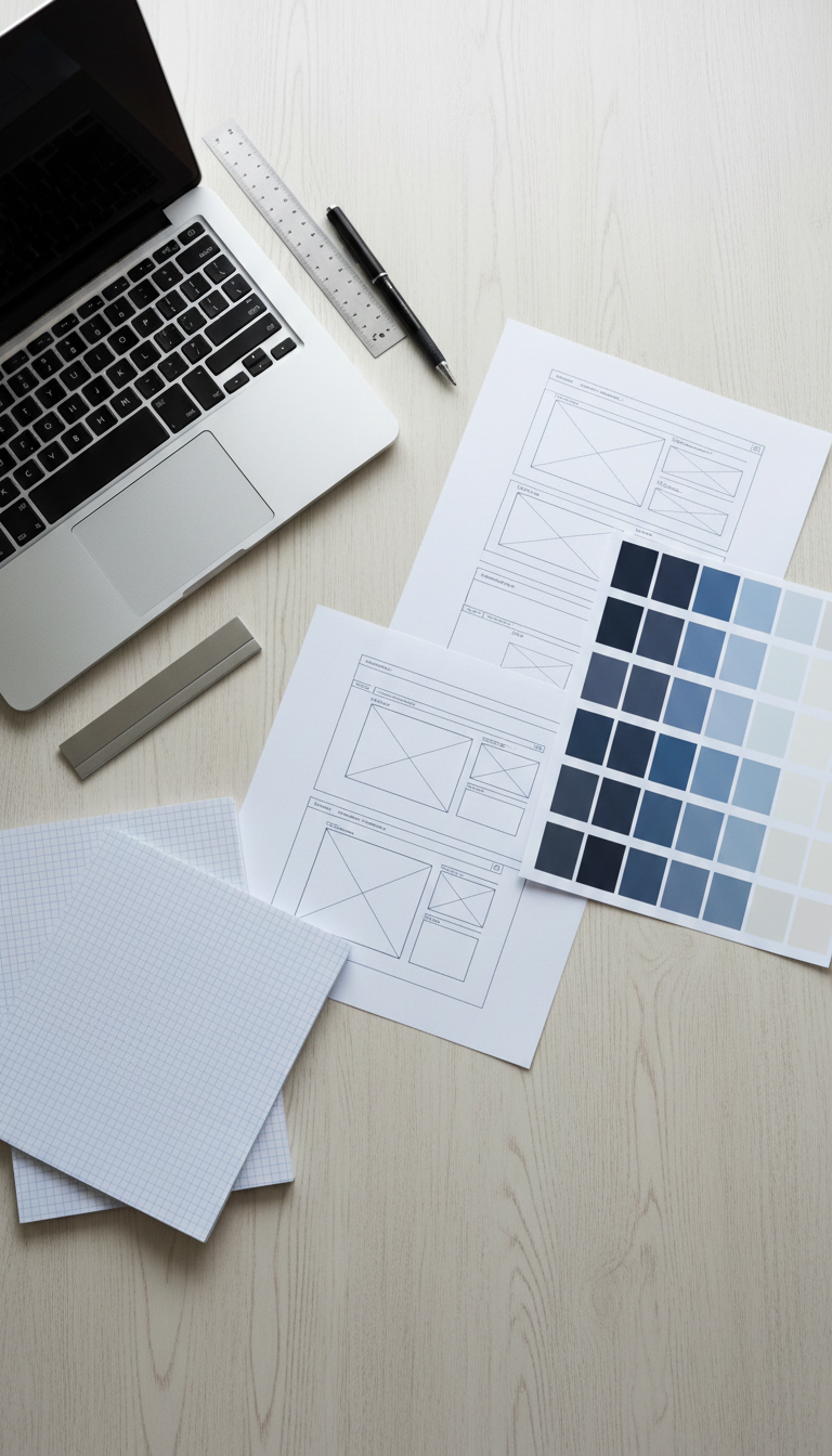 An elegantly arranged collection of website wireframes and color palette swatches spread across a light, textured wooden table, featuring printed diagrams with clean, linear graphics and neutral blue-grey accent tones. The scene is complemented by a brushed steel laptop slightly open in the corner, surrounded by neatly organized minimalist office tools such as metal rulers and notepads with precise grid patterns. Natural overcast light softly illuminates the workspace, bringing out the subtle grain of the wood and creating understated reflections on metallic surfaces. The mood is organized, creative, and efficient. This top-down, bird’s eye composition emphasizes clean lines and structured layout, aligning with a corporate, professional image in photographic style.